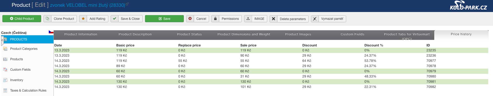 history price virtuemart tab